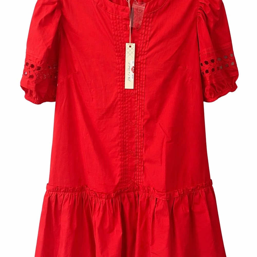 She + Sky Red Cotton Eyelet-Trim Tiered Dress